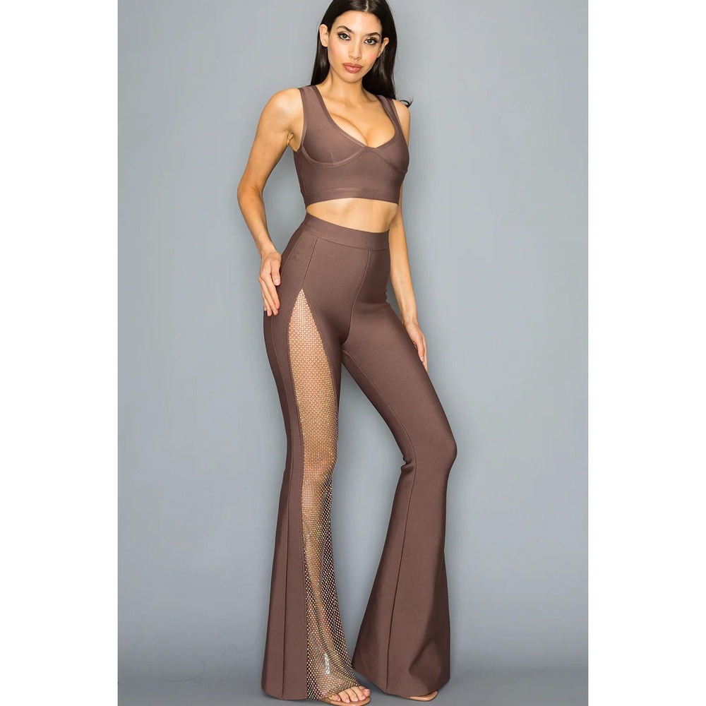 RIVIR Brown Bandage Flare Pants Rhinestone Mesh Side Panel Bell Bottom Mocha(64) - Picture 1 of 7